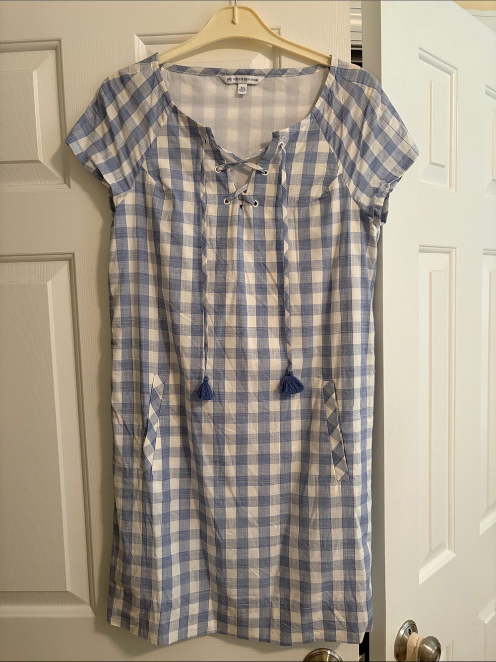 Southern Tide Blue and White Gingham Lace-Up dress